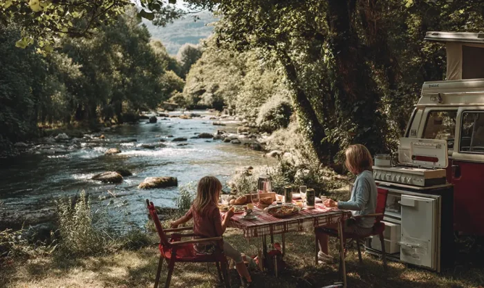 scène de pique nique avec un frigo de camping