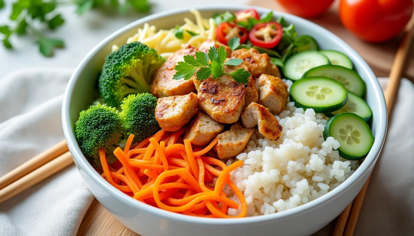 découvrez notre recette de poke bowl au poulet, un plat frais, sain et équilibré, parfait pour un repas léger et plein de saveurs.
