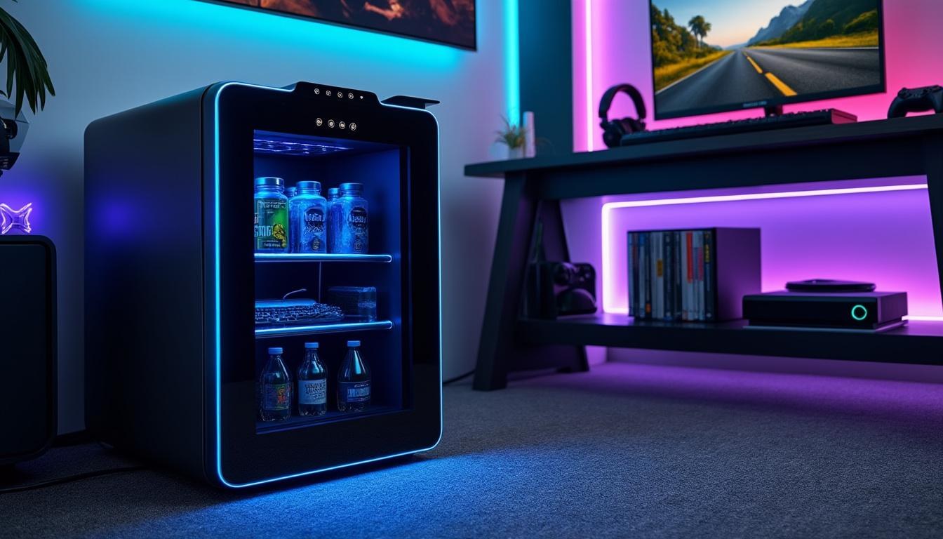 découvrez notre mini frigo compact, idéal pour votre salle de sport ou votre gaming room. gardez vos boissons et encas frais à portée de main pour une performance optimale et un confort maximal.